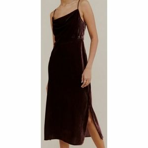 Anthropologie Elyse Slip Dress Velvet Bias Cut Midi Chocolate Brown Cowl Neck